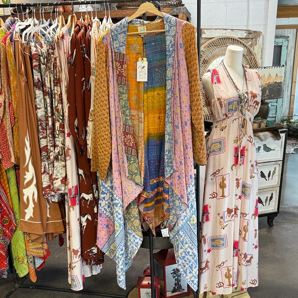Mixed-Print Draped Kimono Jacket in Pink and Mustard